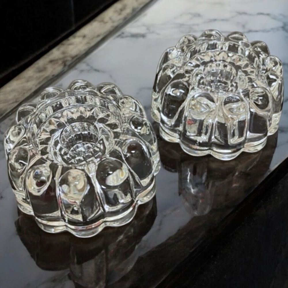 Vintage Princess House Clear Ribbed Round Crystal 3-Way Candle Holder Set